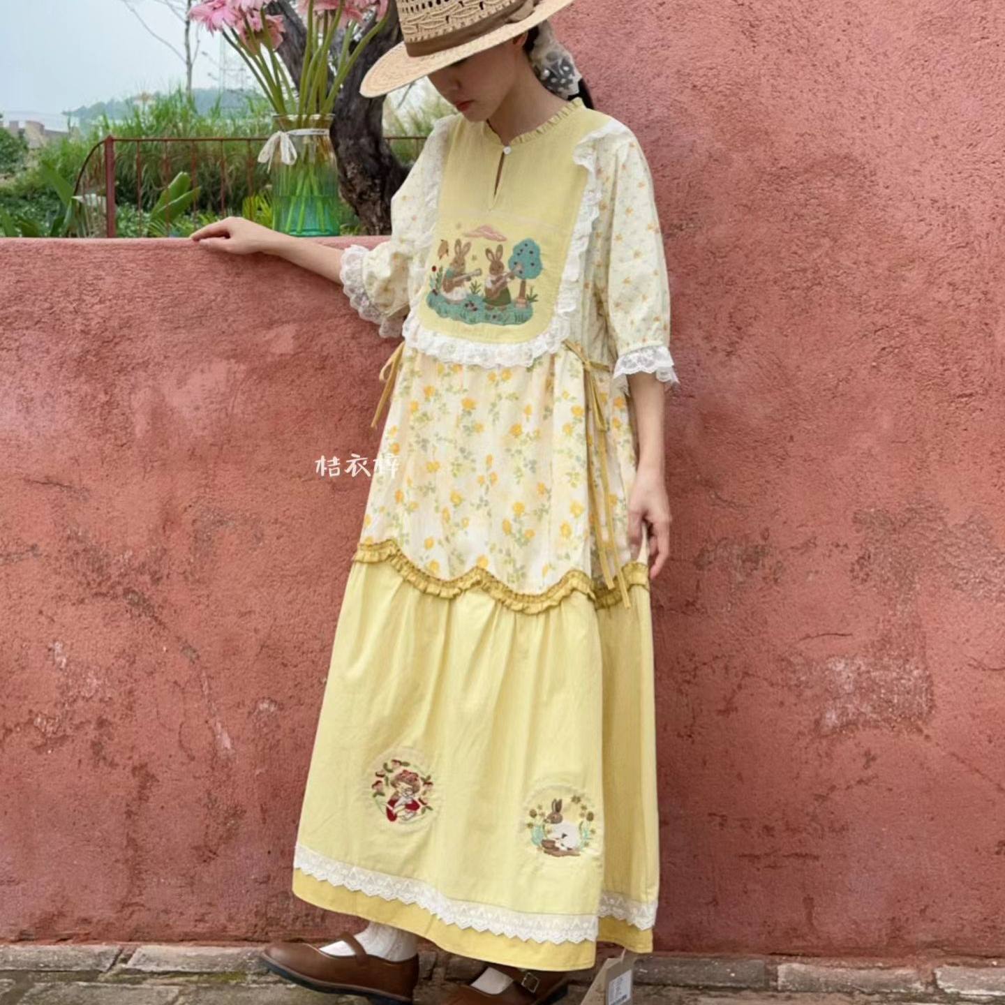 Embroidery Yellow Dress - Summer Cotton Sweet Japanese Style Embroidered