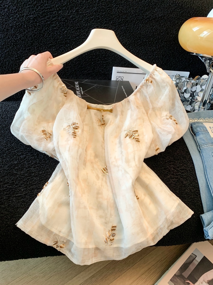 Embroidery Unique Design - Beige Heavy Embroidery Sequin Bubble Sleeve