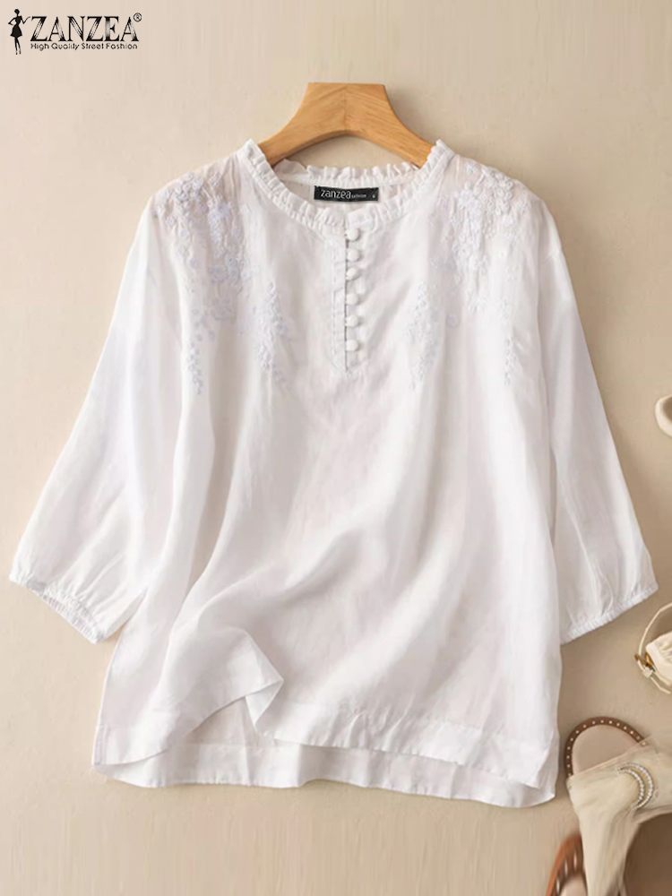 ZANZEA Summer Vintage Shirts E - Embroidery Job のレビューと価格