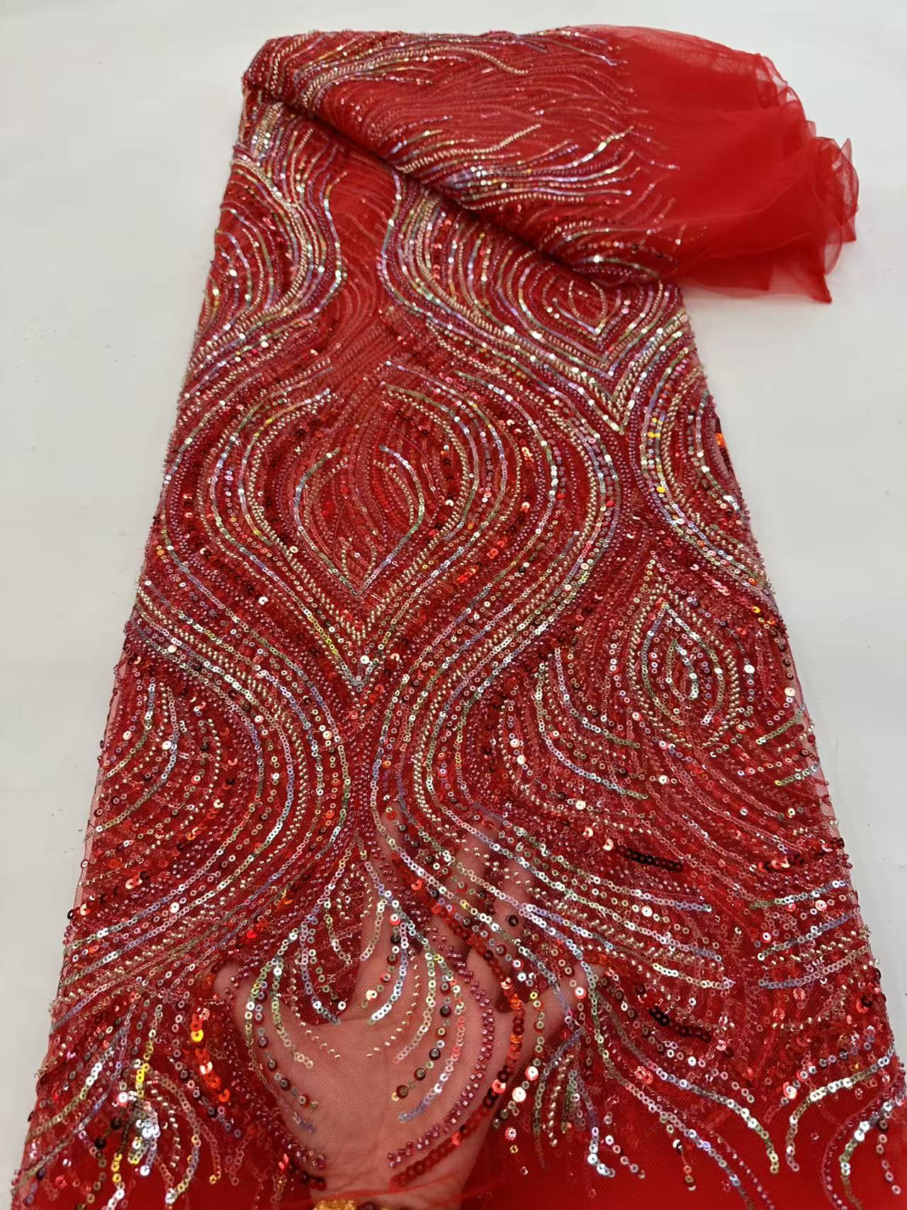 Luxury Red African Beaded Mesh - Embroidery Net Fabric のレビューと価格