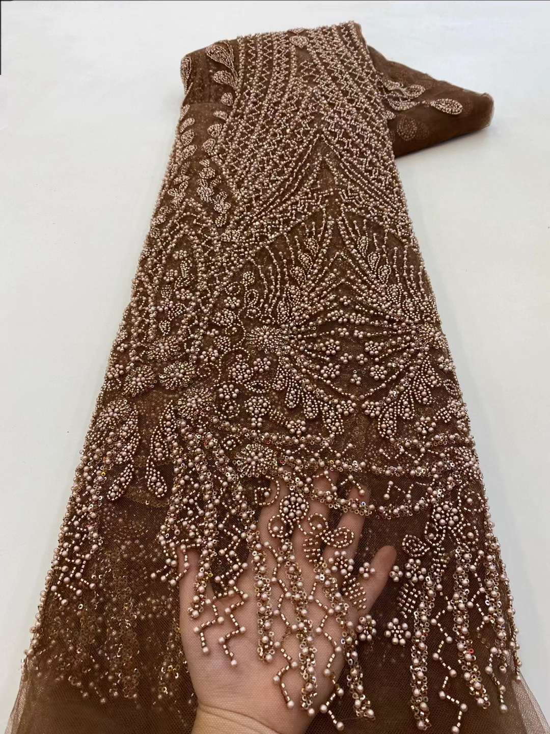 Brown Sequin Beaded Embroidery - Embroidery Net Fabric のレビューと価格